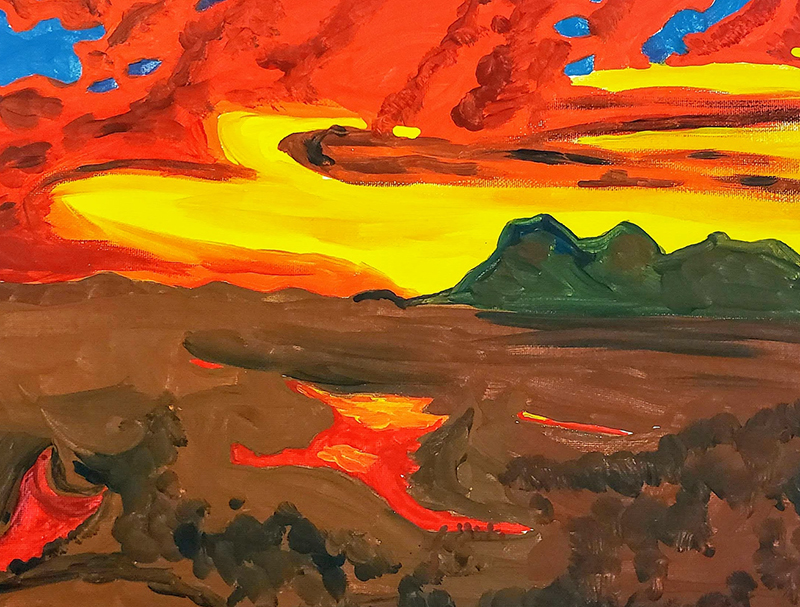 Paint study of a bright sunset with orange and red over a mountainous brown landscape